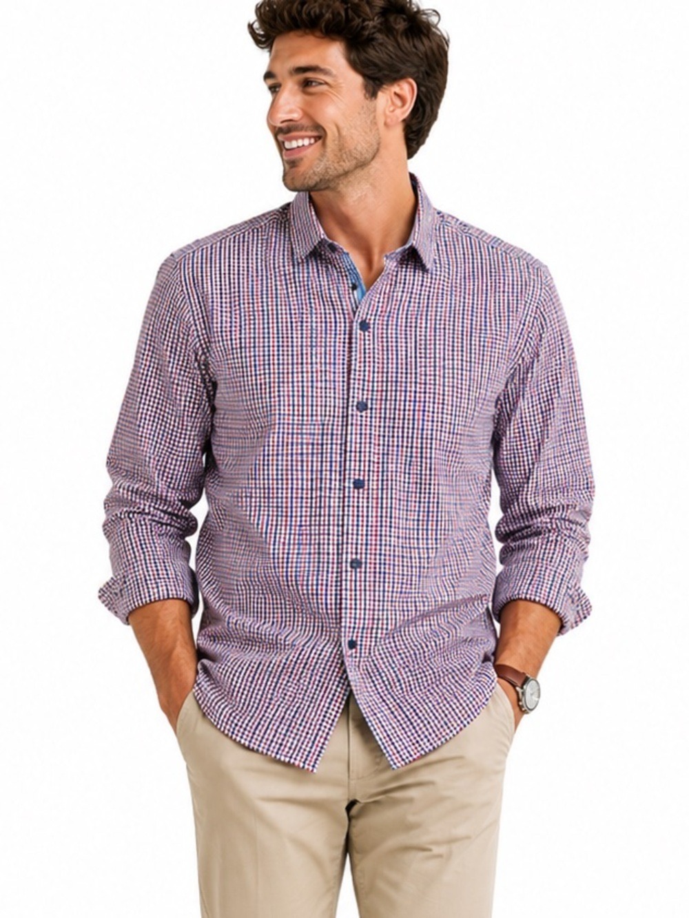 Men's 15.5 Buttoned Down Slim Fit Blue Red Tattersall Check Casual Dress…